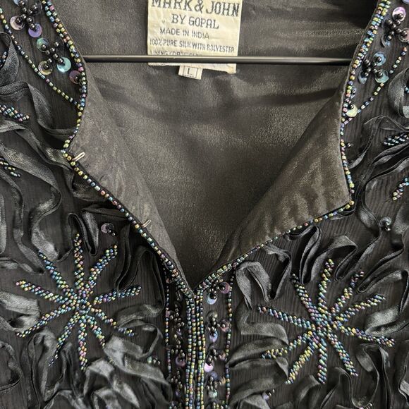 Vtg Sequin Beaded Jacket Womens Large Black Silk Cocktail Feminine Artsy Event - Picture 12 of 16
